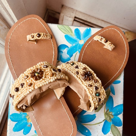 Women's Full Beaded Stretch Sandals Summer Beach Slip On Toe Ring Flat Shoes - Picture 5 of 7